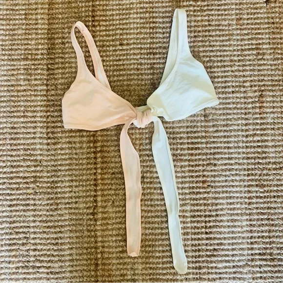 New Solid & Striped Pink White Color-Blocked Tie Front Bikini Top - Picture 4 of 8